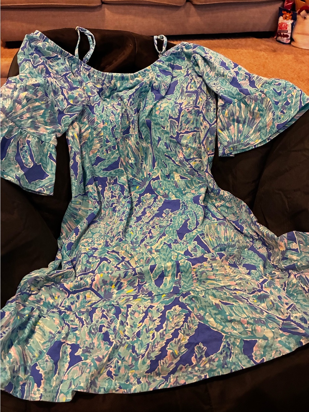 Lily Pulitzer Blue Green Tropical Print Off-Shoulder Dress